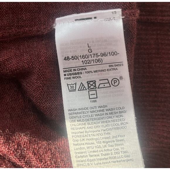 GAP Women's Large 100% Merino Wool Turtleneck Sweater Burgundy Maroon Fine Knit - Picture 4 of 5